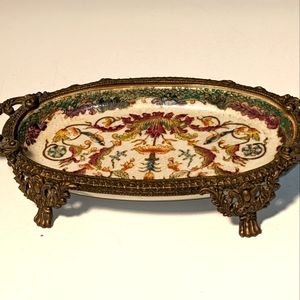 Vintage Chinese Porcelain Brass Foot Trinket or Soap Dish